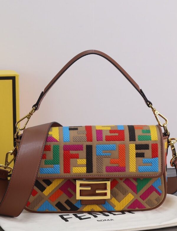 Fendi Baguette Multicolor FF Embroidered Shoulder Bag – Brown