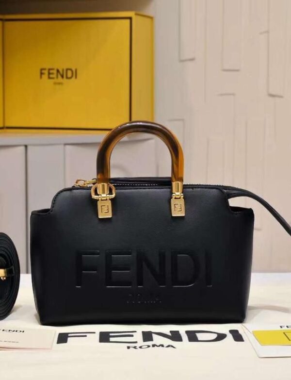 Fendi Roma Black Leather Top Handle Bag with Tortoiseshell Handle