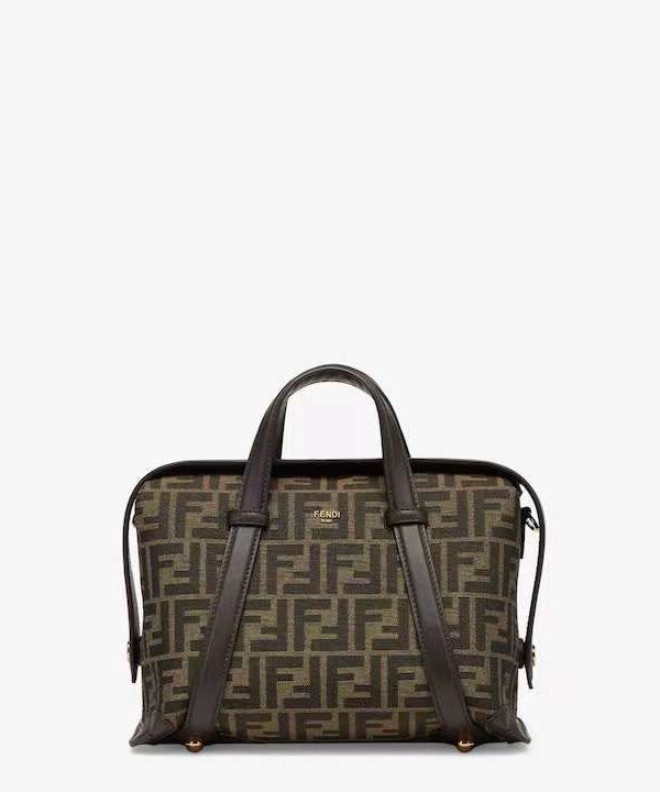 Fendi Brown FF Canvas Boston Top Handle Bag with Leather Trim