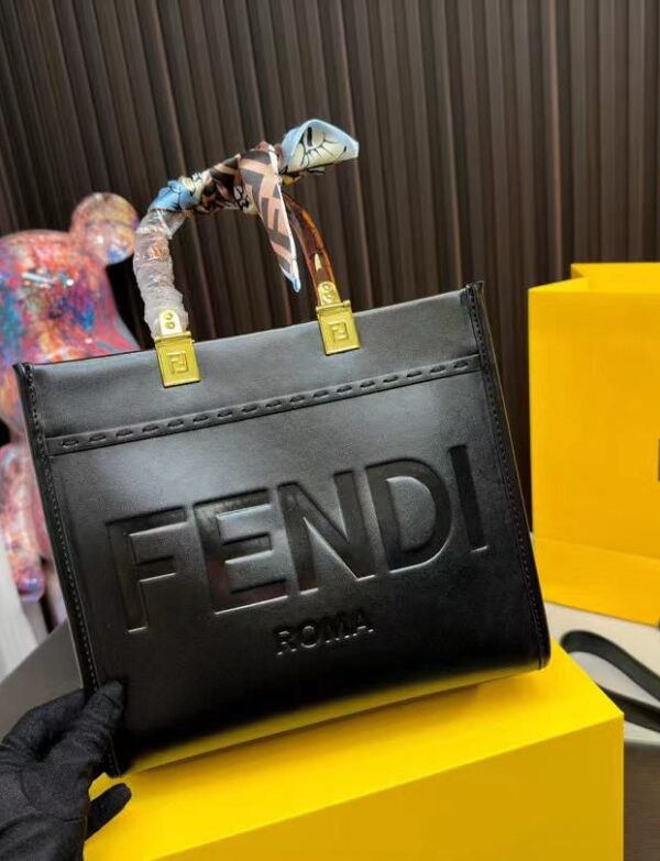 Fendi Roma Black Embossed Leather Mini Tote Bag with Top Handle & Strap