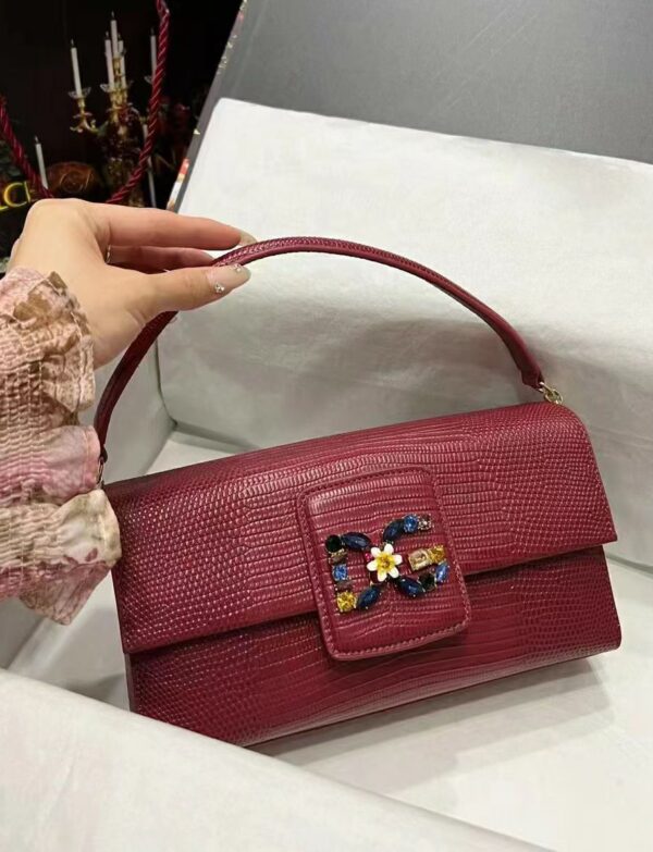 Dolce & Gabbana Embellished Lizard-Effect Top Handle Bag – Burgundy Red