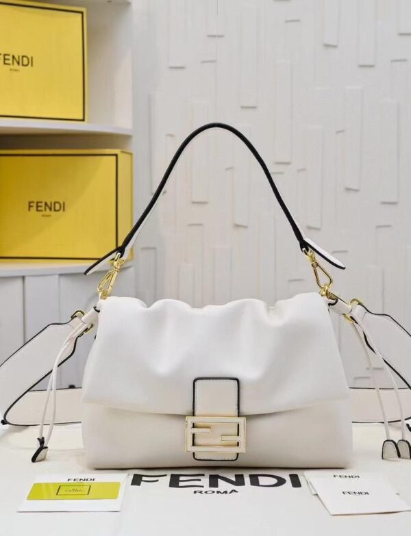 Fendi White Soft Baguette Leather Shoulder Bag with Gold FF Clasp