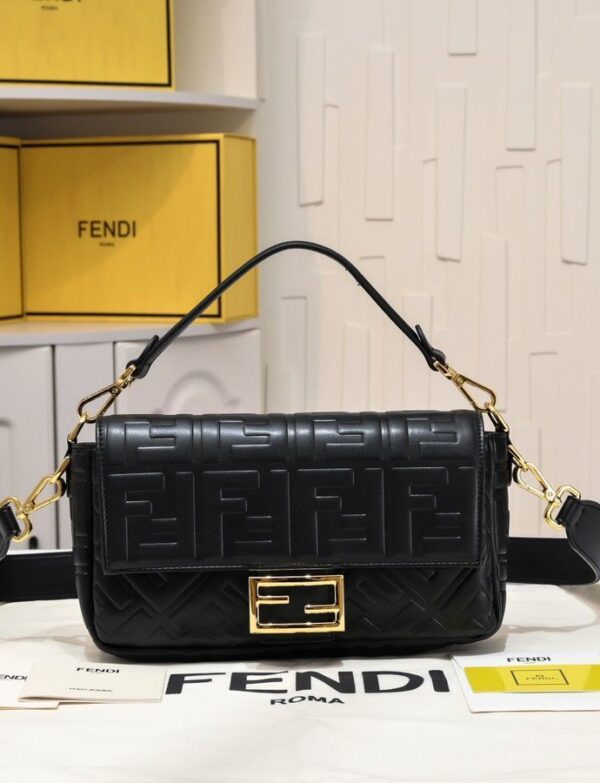 Fendi Baguette Chain Shoulder Bag – Embossed FF Leather Crossbody