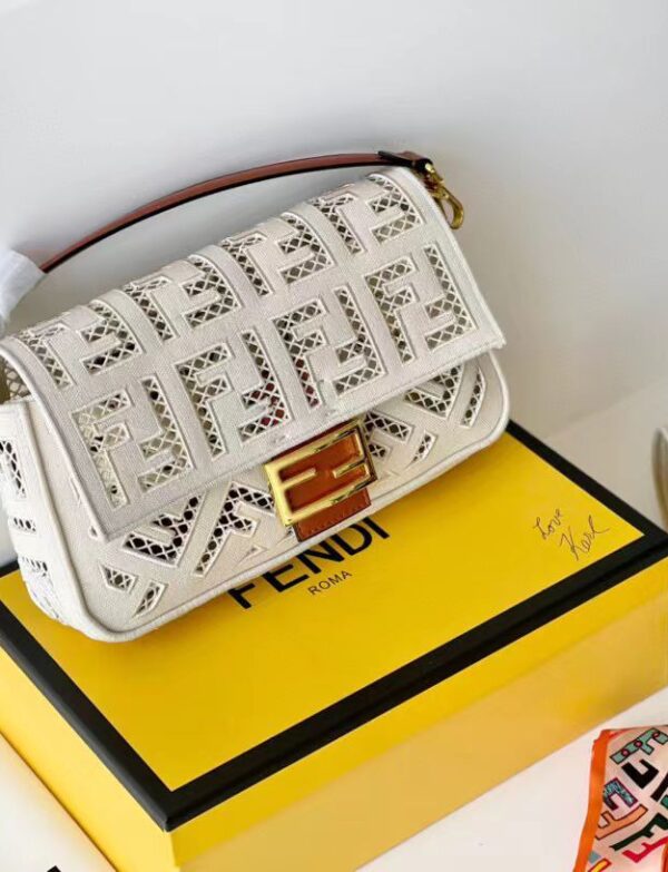 Fendi White FF Cutwork Baguette Shoulder Bag with Embroidered Strap