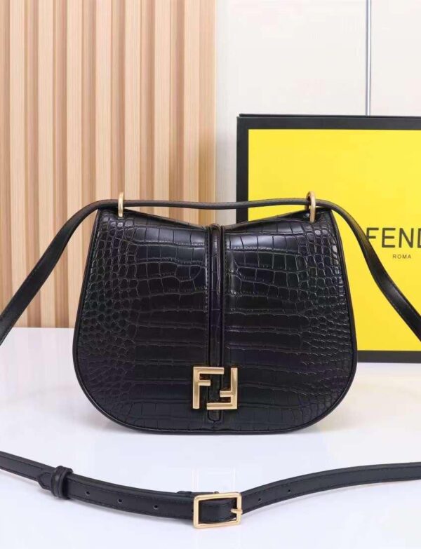 Fendi Croc-Embossed Leather Shoulder Bag – Black FF Logo Crossbody