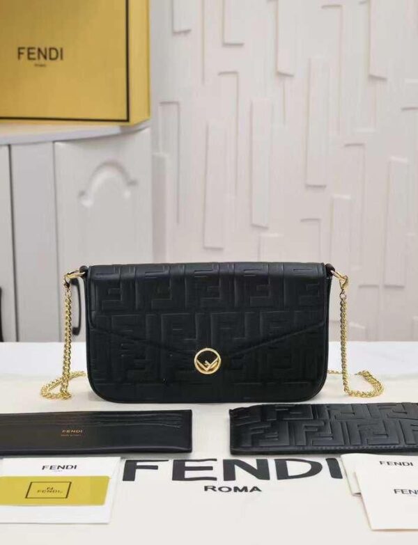 Fendi FF Embossed Wallet on Chain – Black Leather Chain Crossbody Bag