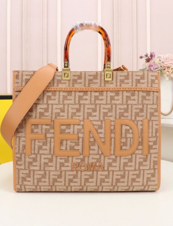 Fendi Sunshine Medium Shopper Tote – FF Monogram Canvas Tote Bag with Tortoiseshell Handles