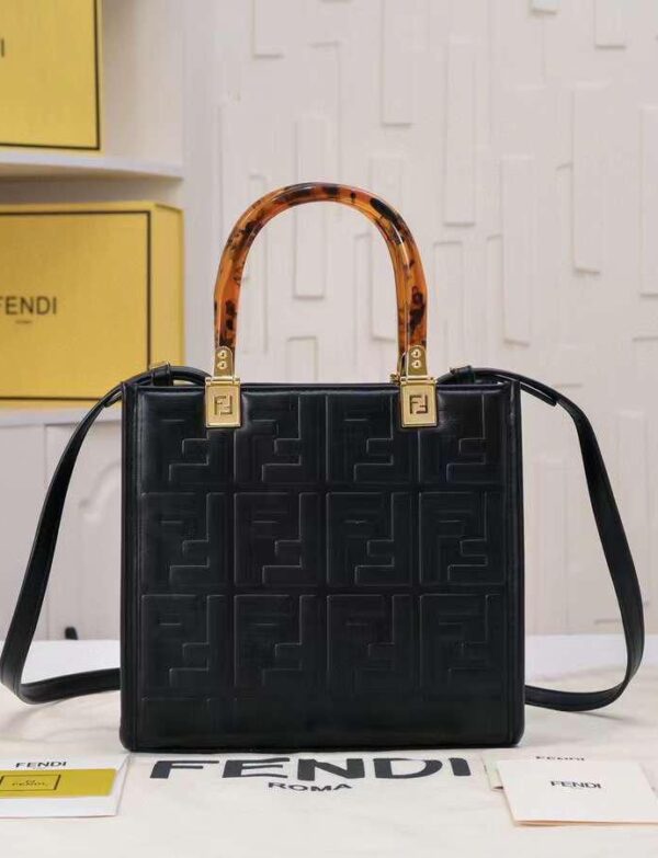 Fendi Sunshine Small Tote Bag – Black Embossed FF Leather with Tortoiseshell Handles