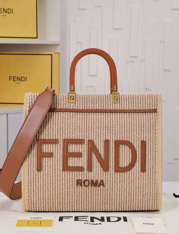 Fendi Sunshine Raffia Tote Bag – Beige Woven FENDI ROMA Shopper with Leather Trim