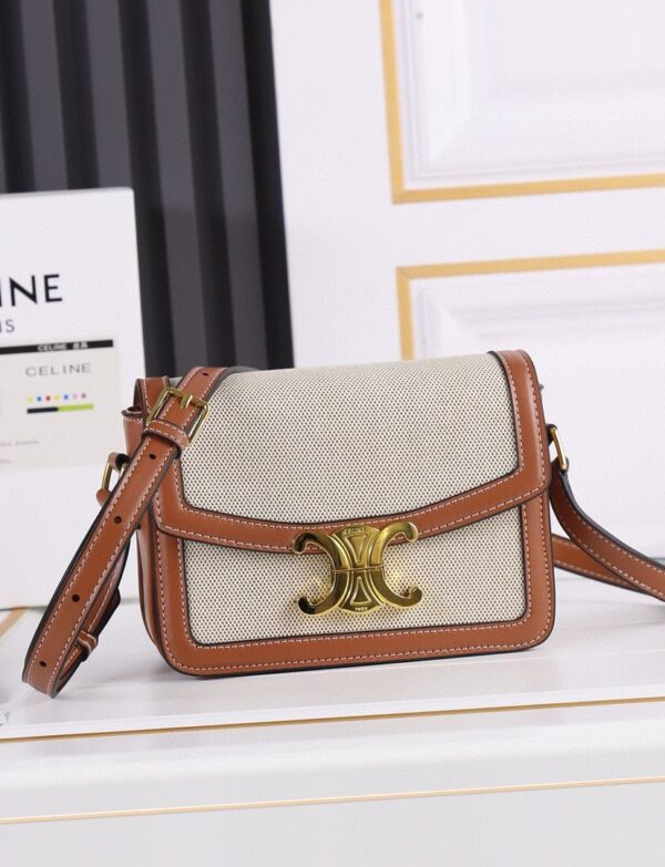 Canvas & Tan Trim Crossbody Bag – Gold Logo Luxury Flap Bag