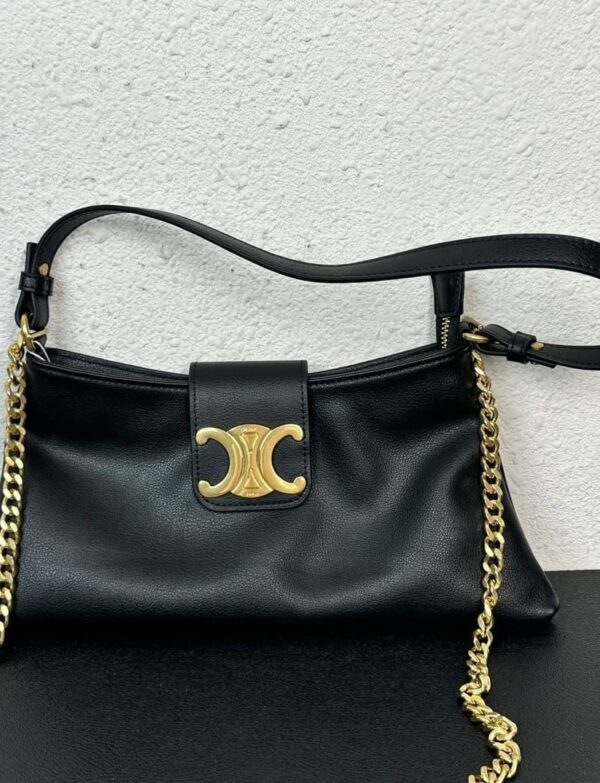 Tan Leather Chain Shoulder Bag – Gold Logo Luxury Baguette Bag