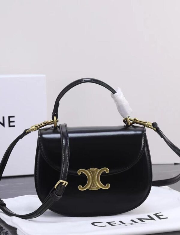 Black Mini Top Handle Bag – Gold Logo Luxury Crossbody Satchel