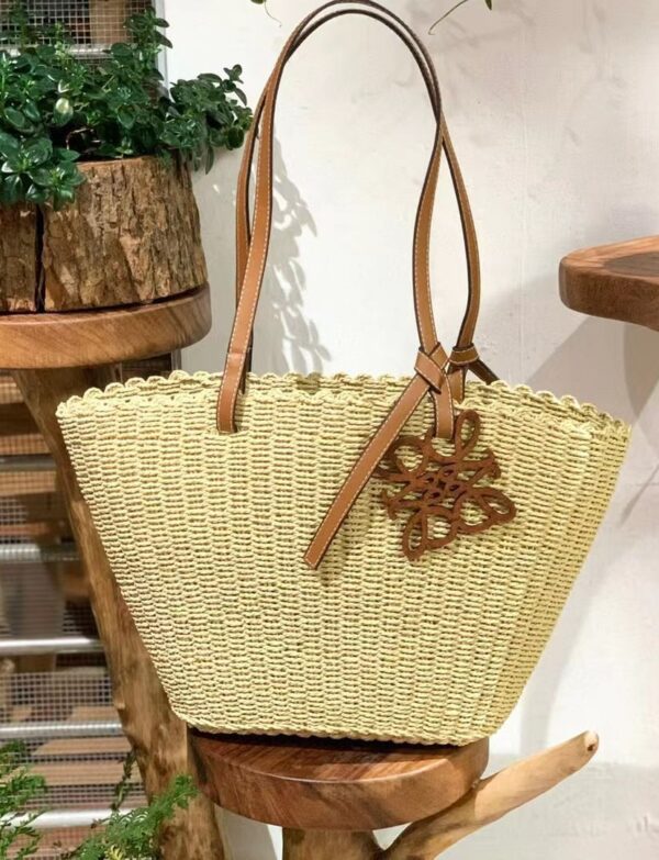 Loewe Anagram Raffia Shopper Tote – Natural Woven Shoulder Bag with Leather Charm