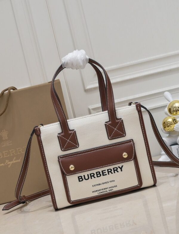 Burberry Mini Canvas Pocket Tote Bag – Natural Canvas & Brown Leather Crossbody